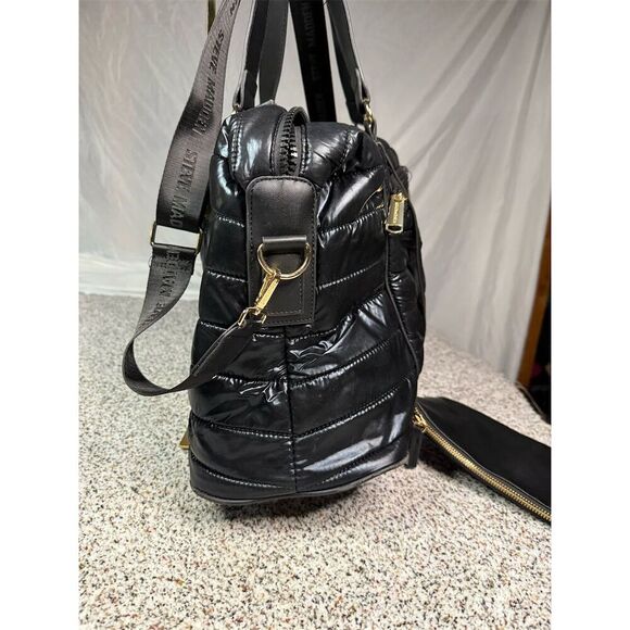Steve Madden Black Metallic Puffer Weekender Duffel Bag Unisex Travel - Picture 3 of 12